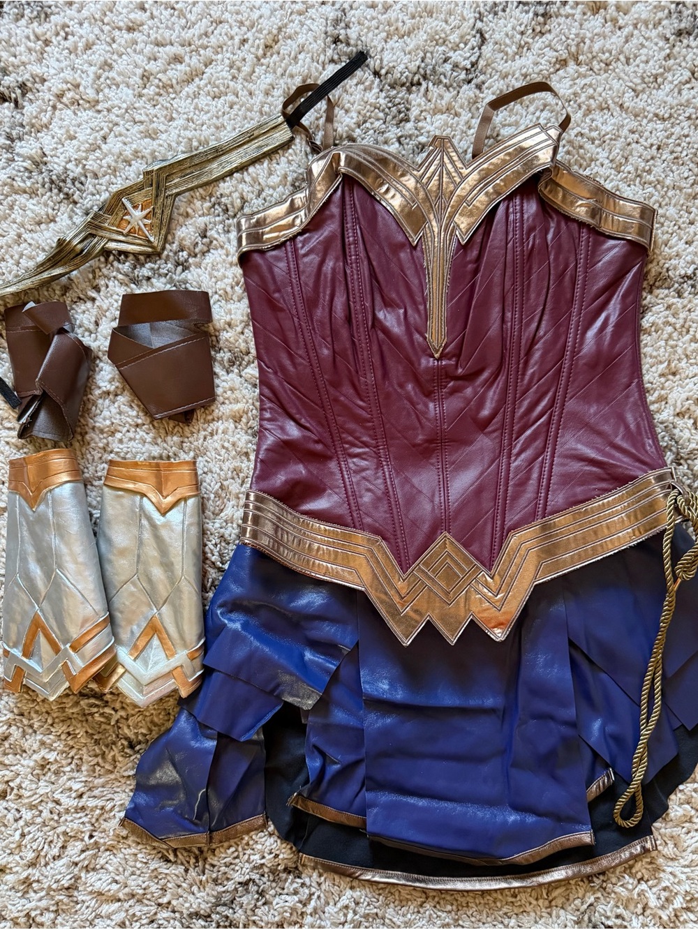 Women’s Marvel-Inspired Wonder Warrior Costume Dress in Burgundy, Blue and Gold